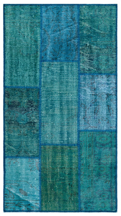 Iskece 25968 Turquoise Patchwork Wool Handmade Area Rug 2'7" x 4'11"