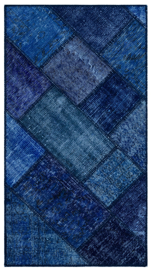 Iskece 26004 Blue Patchwork Wool Handmade Area Rug 2'7" x 4'11"