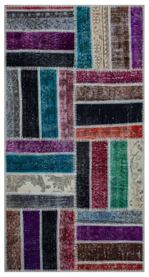 Iskece 26042 Beige Patchwork Wool Handmade Area Rug 2'7" x 4'11"