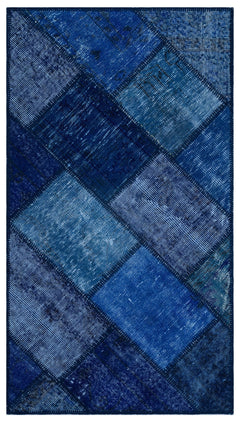 Iskece 26048 Blue Patchwork Wool Handmade Area Rug 2'7" x 4'11"