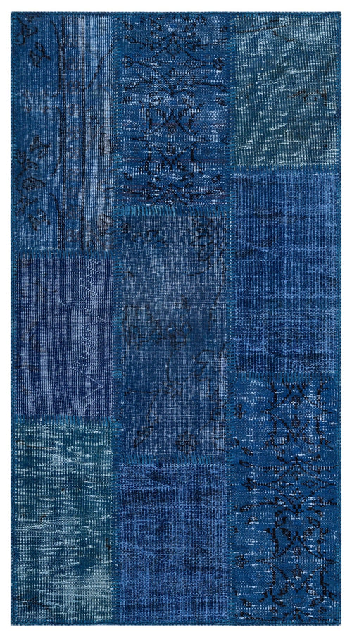Iskece 26062 Blue Patchwork Wool Handmade Area Rug 2'7" x 4'11"