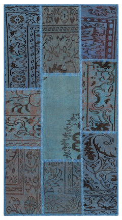 Iskece 26064 Blue Patchwork Wool Handmade Area Rug 2'7" x 4'11"
