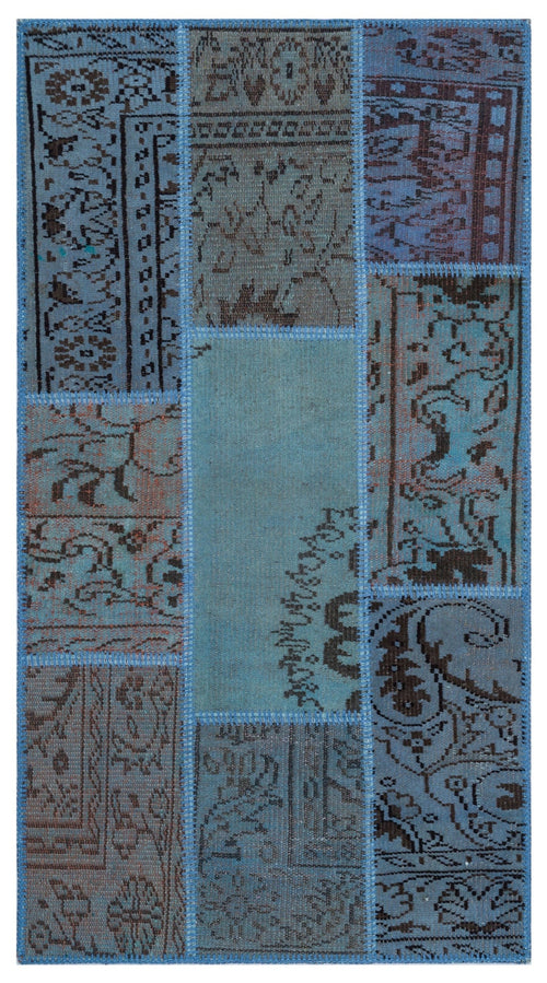 Iskece 26064 Blue Patchwork Wool Handmade Area Rug 2'7" x 4'11"
