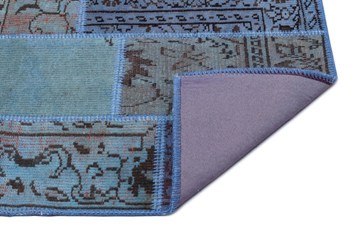 Iskece 26064 Blue Patchwork Wool Handmade Area Rug 2'7" x 4'11"