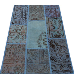 Iskece 26064 Blue Patchwork Wool Handmade Area Rug 2'7" x 4'11"