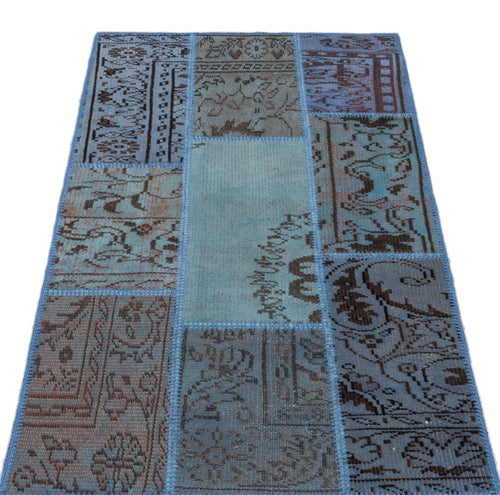 Iskece 26064 Blue Patchwork Wool Handmade Area Rug 2'7" x 4'11"