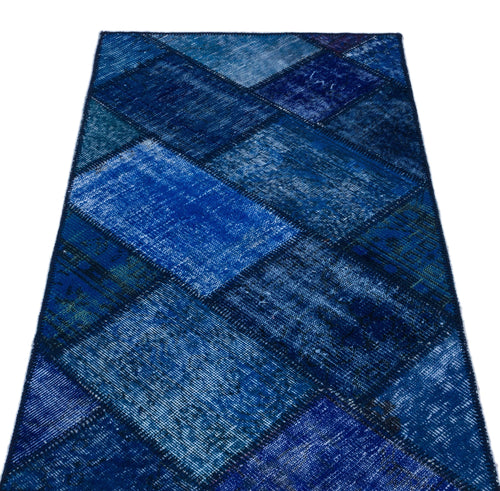 Iskece 26081 Blue Patchwork Wool Handmade Area Rug 2'7" x 4'11"