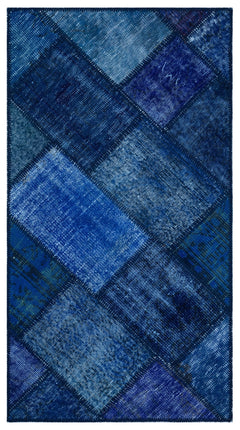 Iskece 26081 Blue Patchwork Wool Handmade Area Rug 2'7" x 4'11"
