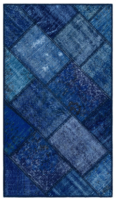 Iskece 26091 Blue Patchwork Wool Handmade Area Rug 2'7" x 4'11"