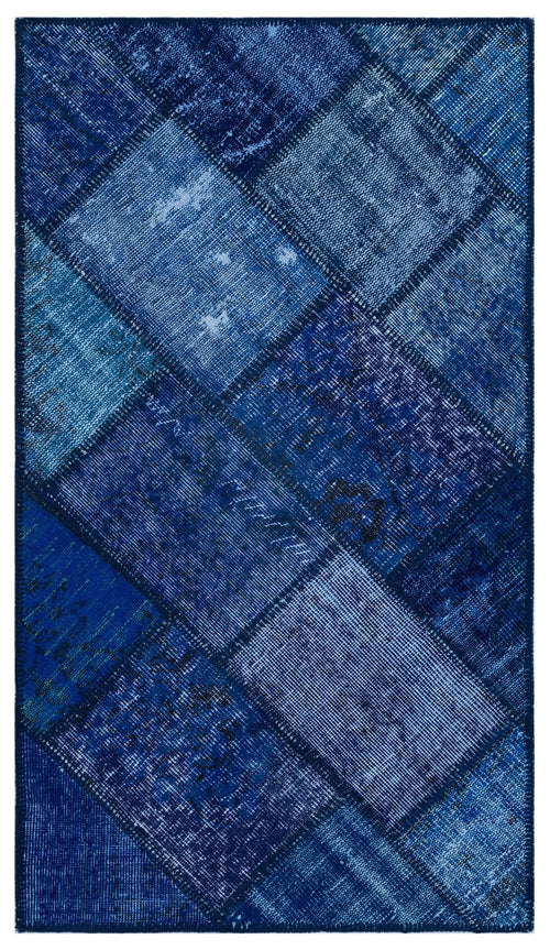 Iskece 26091 Blue Patchwork Wool Handmade Area Rug 2'7" x 4'11"