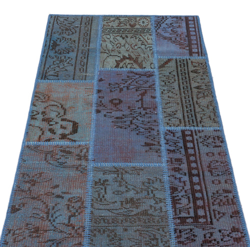 Iskece 26095 Blue Patchwork Wool Handmade Area Rug 2'7" x 4'11"