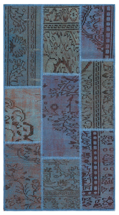 Iskece 26095 Blue Patchwork Wool Handmade Area Rug 2'7" x 4'11"