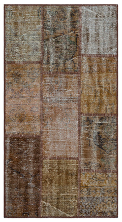 Iskece 26149 Brown Patchwork Wool Handmade Area Rug 2'7" x 4'11"