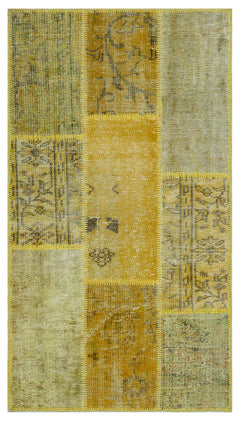 Iskece 26188 Yellow Patchwork Wool Handmade Area Rug 2'7" x 4'11"