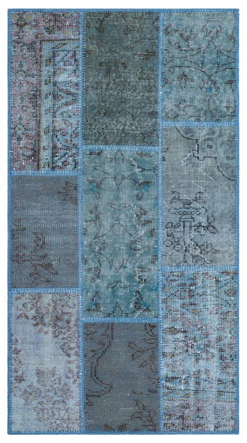 Iskece 26221 Blue Patchwork Wool Handmade Area Rug 2'7" x 4'11"