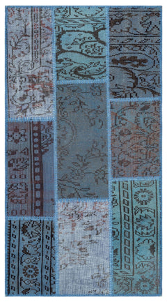 Iskece 26226 Blue Patchwork Wool Handmade Area Rug 2'7" x 4'11"