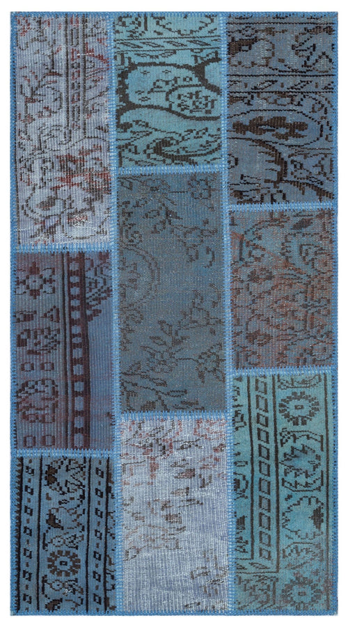 Iskece 26226 Blue Patchwork Wool Handmade Area Rug 2'7" x 4'11"