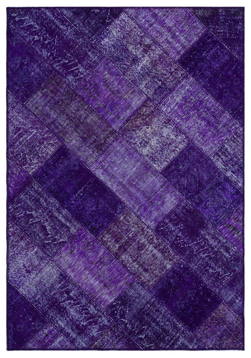 Iskece 26292 Purple Patchwork Wool Handmade Area Rug 5'3" x 7'7"