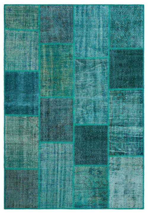 Iskece 26297 Turquoise Patchwork Wool Handmade Area Rug 5'3" x 7'7"