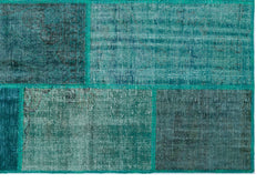 Iskece 26297 Turquoise Patchwork Wool Handmade Area Rug 5'3" x 7'7"