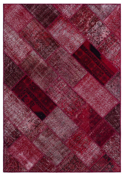 Iskece 26321 Red Patchwork Wool Handmade Area Rug 5'3" x 7'7"