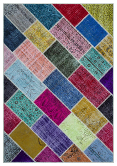 Iskece 26351 Beige Patchwork Wool Handmade Area Rug 5'3" x 7'7"