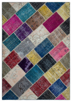 Iskece 26359 Beige Patchwork Wool Handmade Area Rug 5'3" x 7'7"