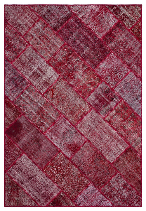 Iskece 26383 Red Patchwork Wool Handmade Area Rug 5'3" x 7'7"