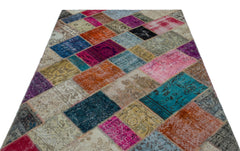 Iskece 26388 Beige Patchwork Wool Handmade Area Rug 5'3" x 7'7"