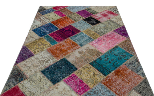 Iskece 26388 Beige Patchwork Wool Handmade Area Rug 5'3" x 7'7"