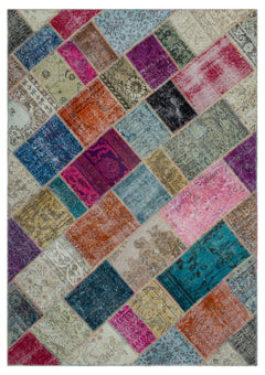Iskece 26388 Beige Patchwork Wool Handmade Area Rug 5'3" x 7'7"