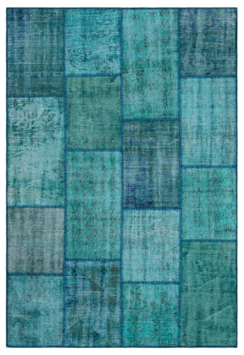 Iskece 26432 Turquoise Patchwork Wool Handmade Area Rug 5'3" x 7'7"