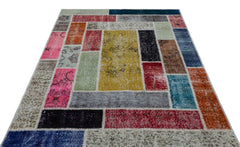 Iskece 26479 Beige Patchwork Wool Handmade Area Rug 5'3" x 7'7"