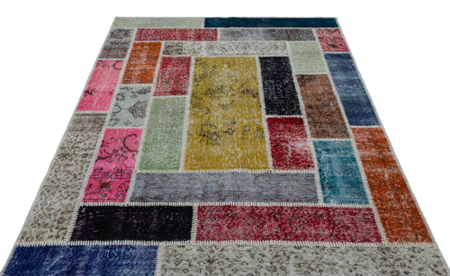 Iskece 26479 Beige Patchwork Wool Handmade Area Rug 5'3" x 7'7"