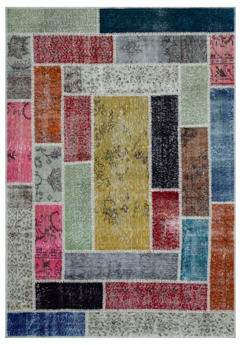 Iskece 26479 Beige Patchwork Wool Handmade Area Rug 5'3" x 7'7"