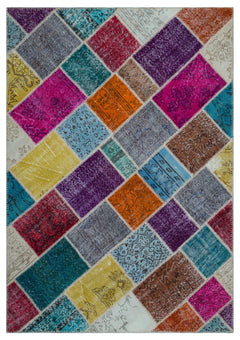Iskece 26487 Beige Patchwork Wool Handmade Area Rug 5'3" x 7'7"