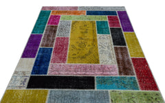 Iskece 26502 Beige Patchwork Wool Handmade Area Rug 5'3" x 7'7"