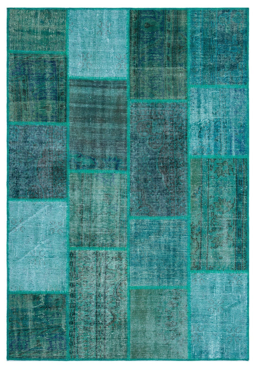 Iskece 26540 Turquoise Patchwork Wool Handmade Area Rug 5'2" x 7'7"
