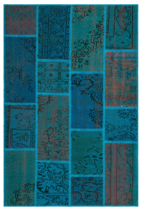 Iskece 26543 Turquoise Patchwork Wool Handmade Area Rug 3'11" x 5'11"