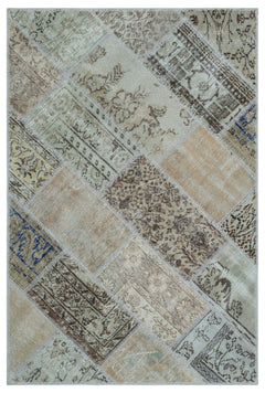 Iskece 26617 Beige Patchwork Wool Handmade Area Rug 3'11" x 5'11"