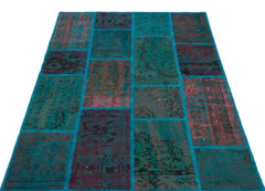 Iskece 26628 Turquoise Patchwork Wool Handmade Area Rug 3'11" x 5'11"