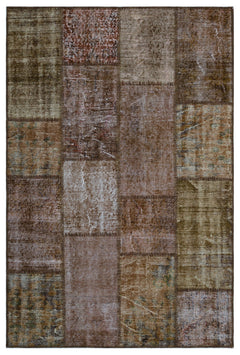 Iskece 26664 Brown Patchwork Wool Handmade Area Rug 3'11" x 5'11"