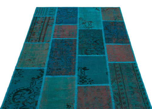 Iskece 26694 Turquoise Patchwork Wool Handmade Area Rug 3'11" x 5'11"