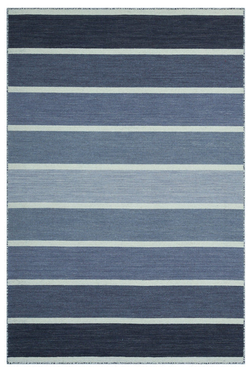 Girit Blue Striped Wool Handmade Area Rug 4'0" x 6'0"