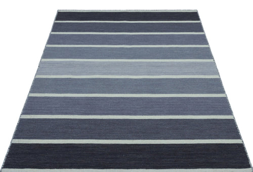 Girit Blue Striped Wool Handmade Area Rug 4'0" x 6'0"