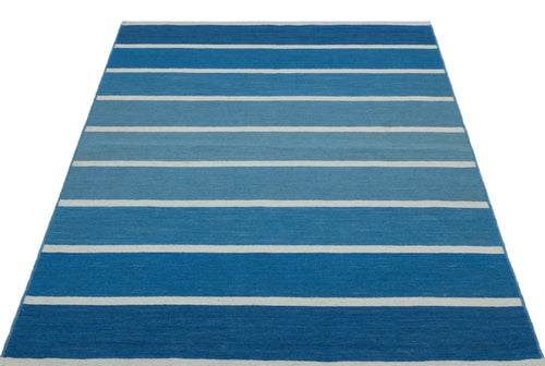 Girit Blue Striped Wool Handmade Area Rug 4'0" x 5'10"