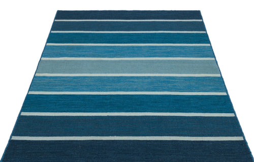 Girit Blue Striped Wool Handmade Area Rug 4'2" x 5'8"