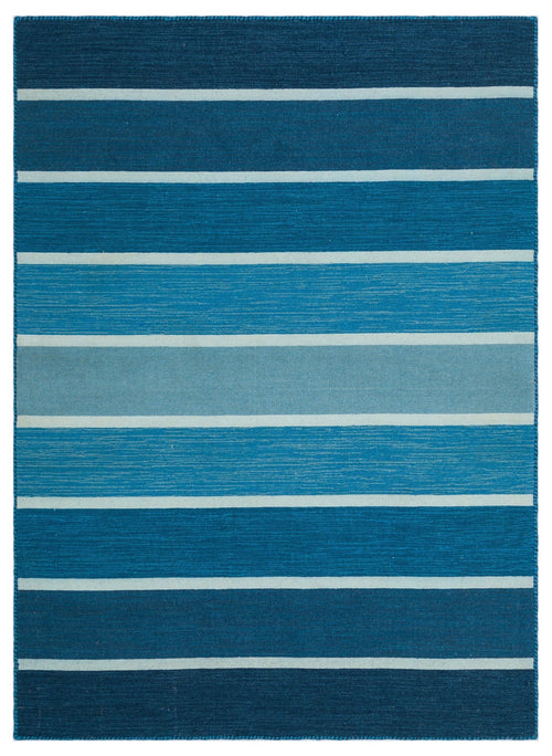 Girit Blue Striped Wool Handmade Area Rug 4'2" x 5'8"
