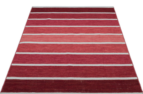 Girit Red Striped Wool Handmade Area Rug 4'2" x 5'11"