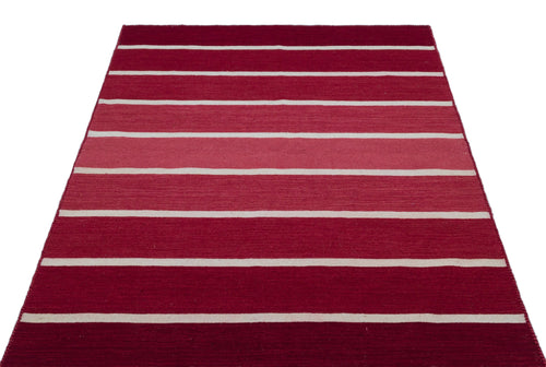 Girit Red Striped Wool Handmade Area Rug 4'0" x 5'9"